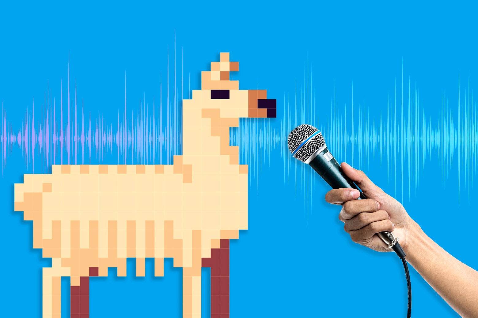A pixellated llama speaks into a microphone.